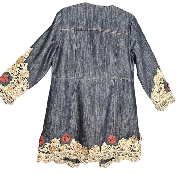 CHICO'S Denim Open Jacket Kimono Women's Floral Embroidered Blue Lace Size 8 - Picture 6 of 11